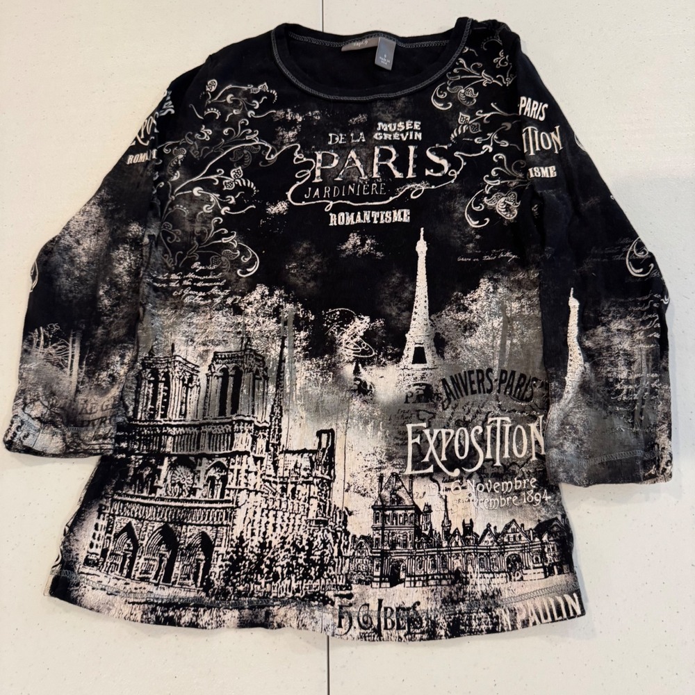 Y2K Paris Graphic Tee Women Small Black 3/4 Sleeve Apt. 9 Eiffel‎ Tower Cotton